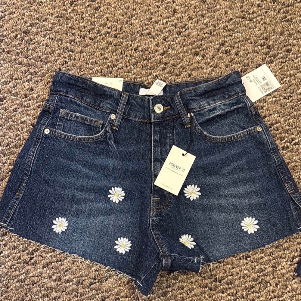 Forever 21 Blue Denim Shorts with Floral Embroidery